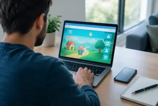 Adulto verifica cuidadosamente um site de jogo online no notebook em um ambiente doméstico.